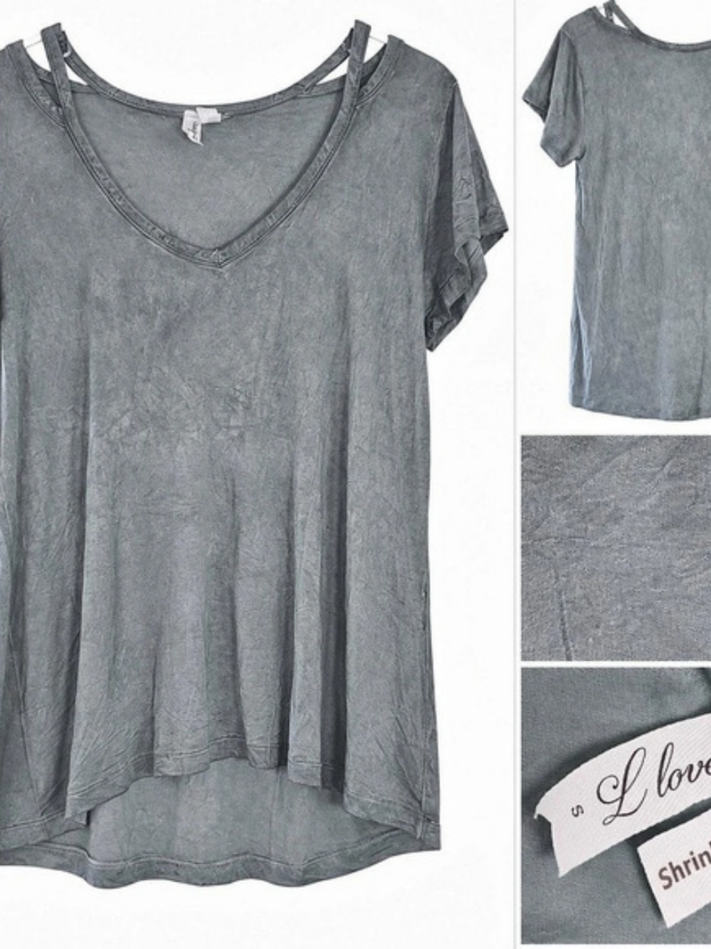 Women’s Gray V-Neck Short Sleeve Top – Love – Size S